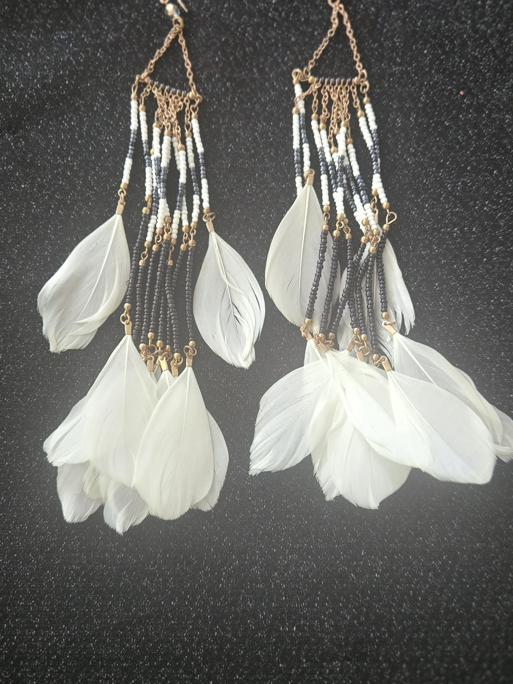 Boho White Feather Bead Drop Earrings - Picture 3 of 4